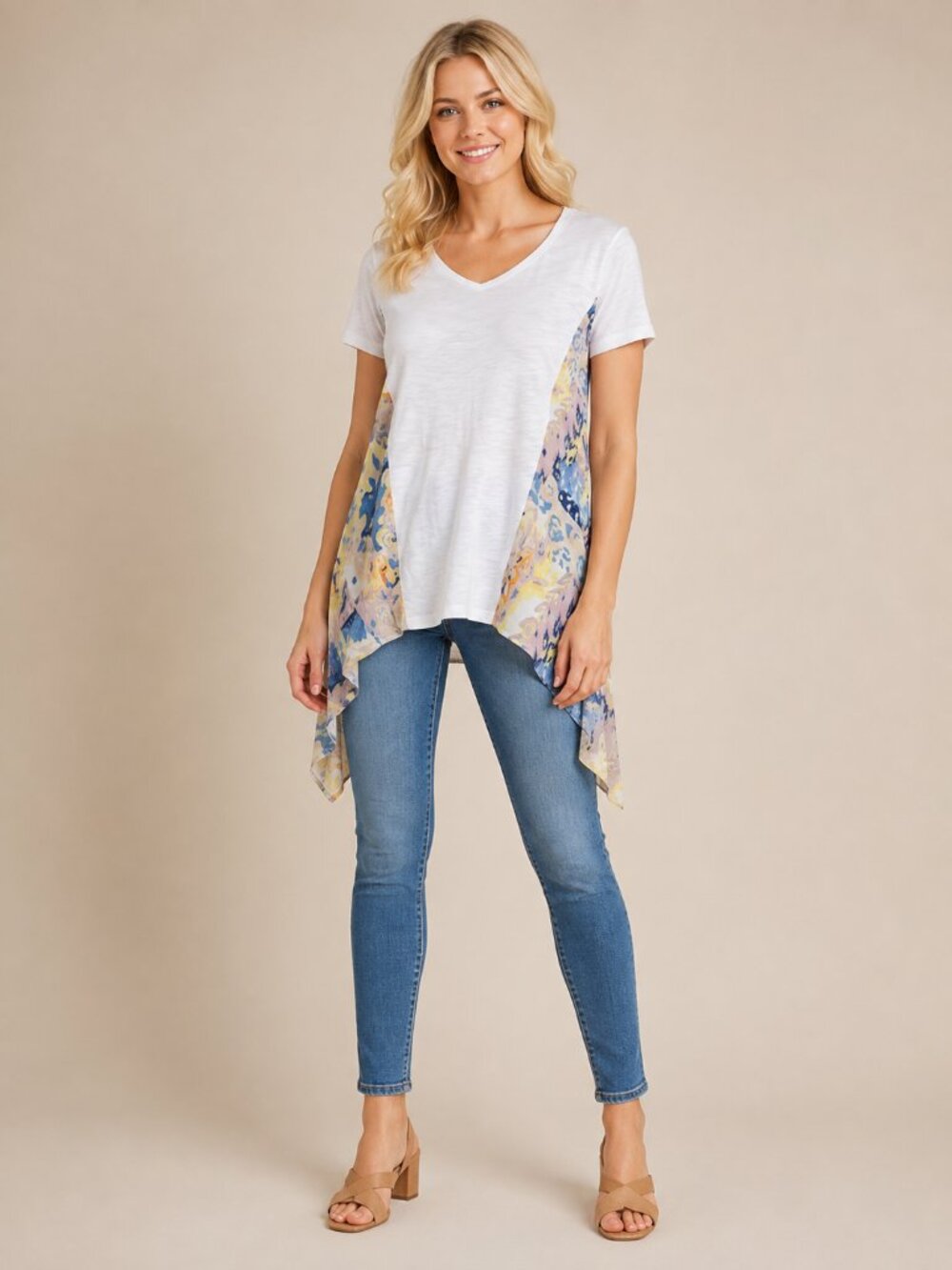 2/$30 Chico's Mixed Media Handkerchief V-Neck Tee Short Sleeve White 16P #A4125